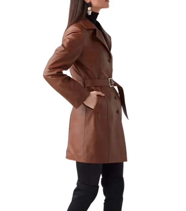 Women’s Brown Leather Trench Coat Side Look