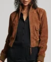 Women’s Brown Suede Leather Bomber Jacket