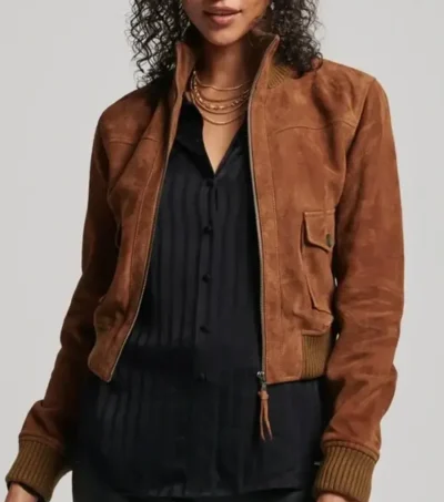 Women’s Brown Suede Leather Bomber Jacket