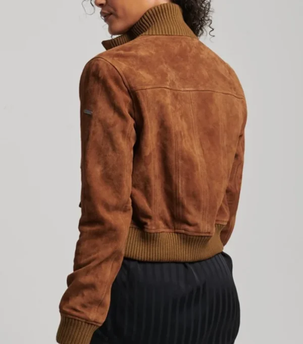 Women’s Brown Suede Leather Bomber Jacket Back