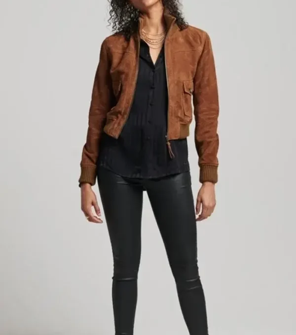 Women’s Brown Suede Leather Bomber Jacket Front