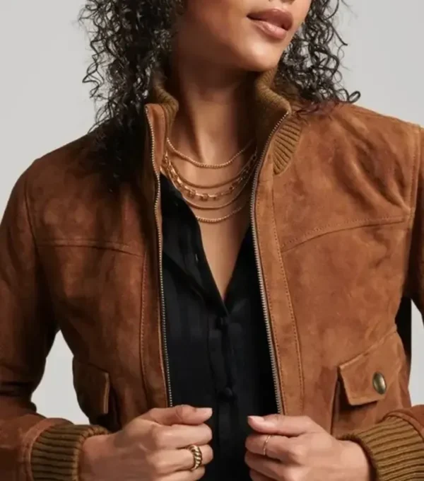 Women’s Brown Suede Leather Bomber Jacket on Sale