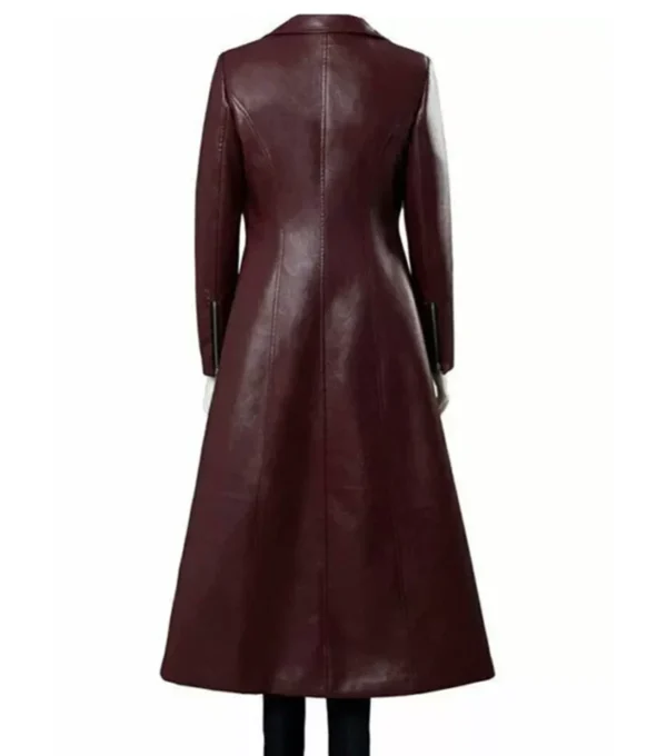 Women's Classic Dark Maroon Leather Trench Coat Back