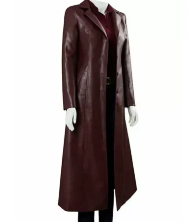 Women's Classic Dark Maroon Leather Trench Coat Side Look