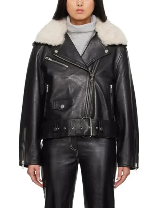 Women's Shearling Collar Leather Biker Jacket