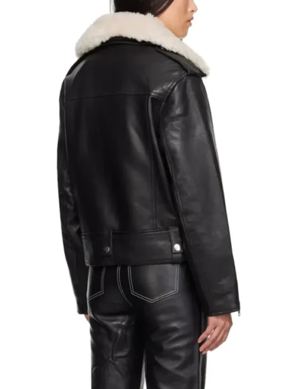 Women's Shearling Collar Leather Biker Jacket Back