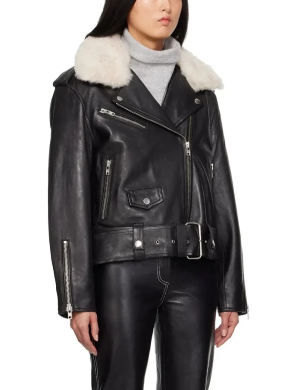 Women's Shearling Collar Leather Biker Jacket Side Look