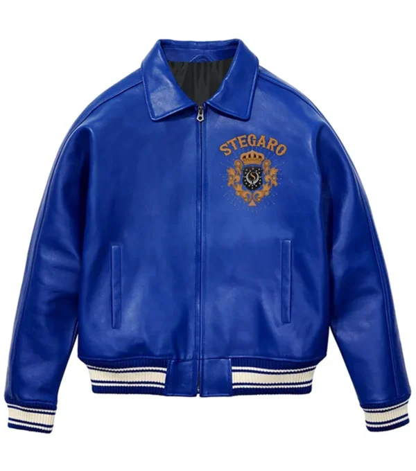 American Blue Studded Leather Jacket Front