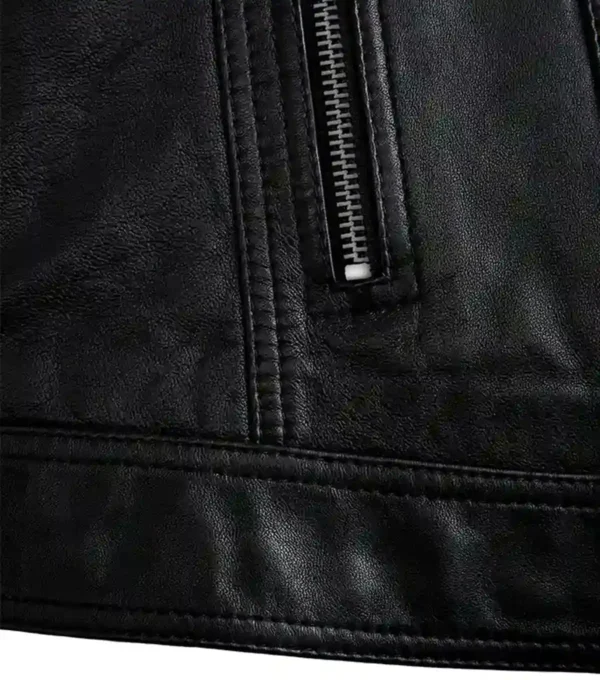 Asymmetrical Zipper Black Leather Jacket For Women Closer