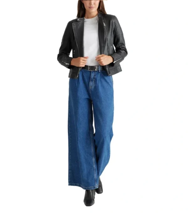 Asymmetrical Zipper Black Leather Jacket For Women Front