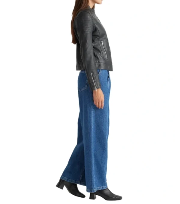 Asymmetrical Zipper Black Leather Jacket For Women Side Look