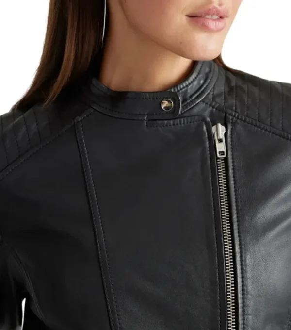 Asymmetrical Zipper Black Leather Jacket For Women on Sale