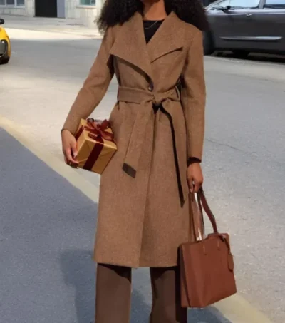 Aurellia Brown Wool Belted Overcoat Jacket Front