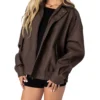 Aureza Brown Oversized Leather Zipper Jacket