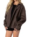 Aureza Brown Oversized Leather Zipper Jacket