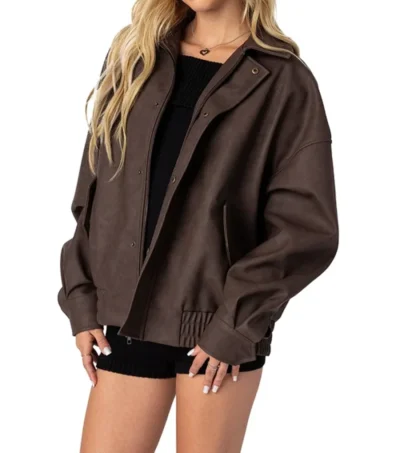 Aureza Brown Oversized Leather Zipper Jacket