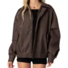 Aureza Brown Oversized Leather Zipper Jacket Front