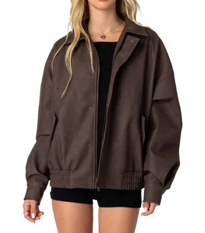 Aureza Brown Oversized Leather Zipper Jacket Front