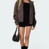 Aureza Brown Oversized Leather Zipper Jacket on Sale