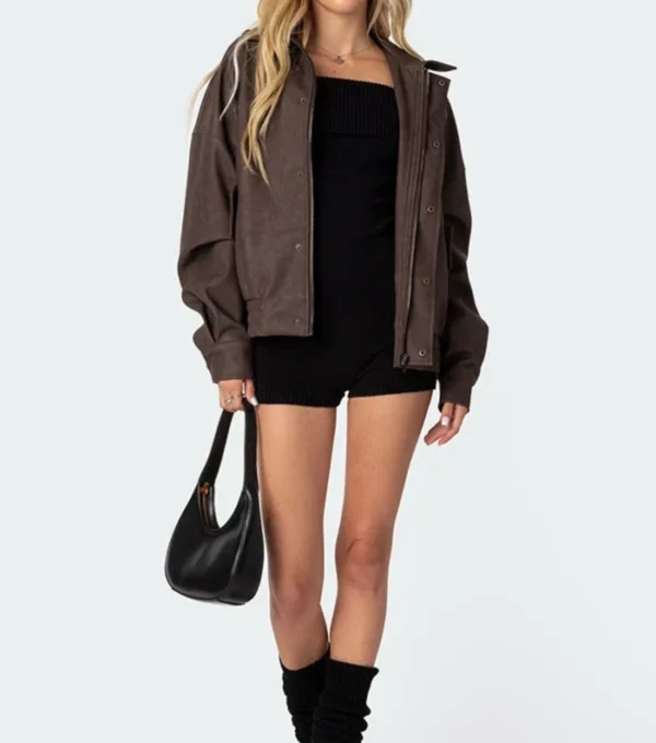 Aureza Brown Oversized Leather Zipper Jacket on Sale