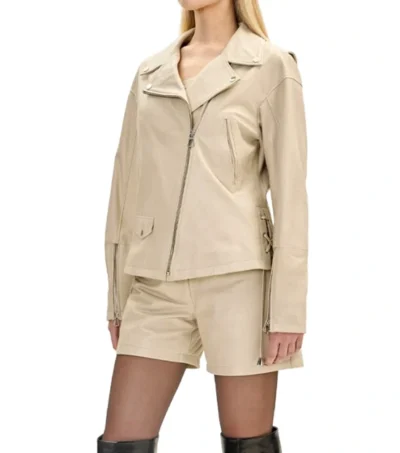 Beige Biker Style Leather Jacket on Sale