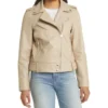 Beige Biker Style Leather Zipper Jacket
