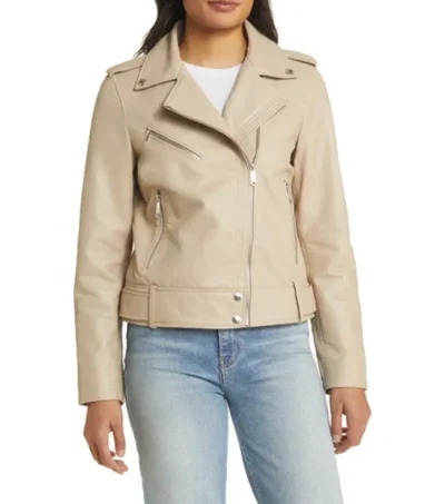 Beige Biker Style Leather Zipper Jacket