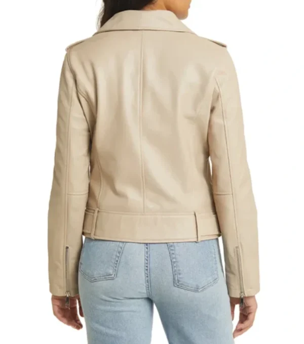 Beige Biker Style Leather Zipper Jacket Front