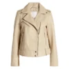 Beige Biker Style Leather Zipper Jacket Front