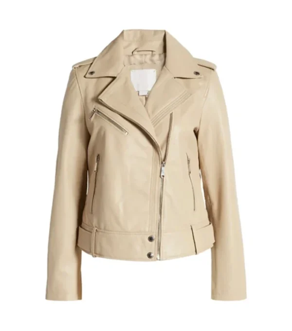 Beige Biker Style Leather Zipper Jacket Front