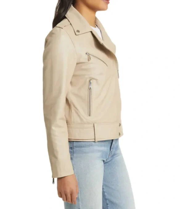 Beige Biker Style Leather Zipper Jacket Side Look