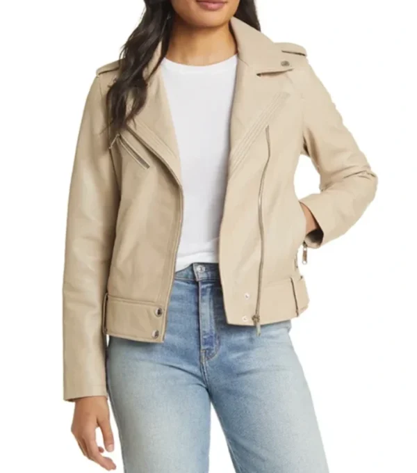 Beige Biker Style Leather Zipper Jacket Zipper