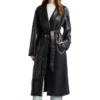 Black Belted Leather Long Coat For Women
