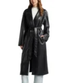 Black Belted Leather Long Coat For Women