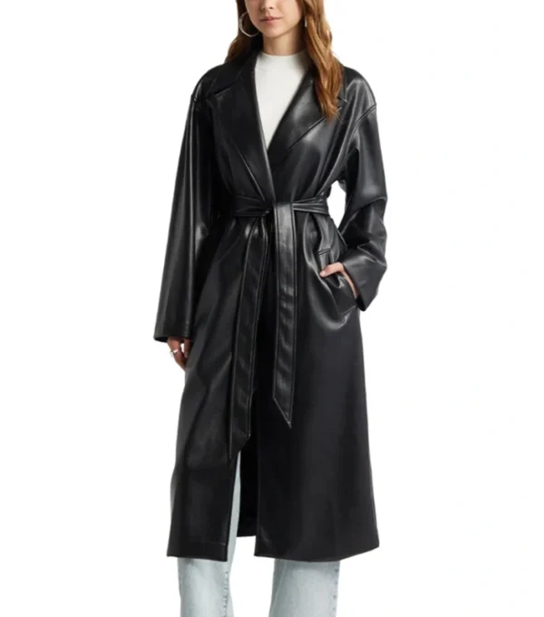 Black Belted Leather Long Coat For Women