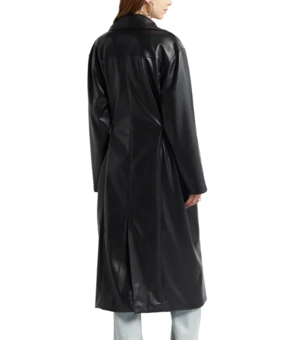 Black Belted Leather Long Coat For Women Back