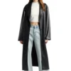 Black Belted Leather Long Coat For Women Front