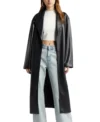 Black Belted Leather Long Coat For Women Front