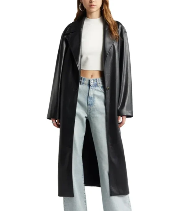 Black Belted Leather Long Coat For Women Front