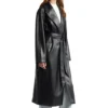 Black Belted Leather Long Coat For Women Side Look