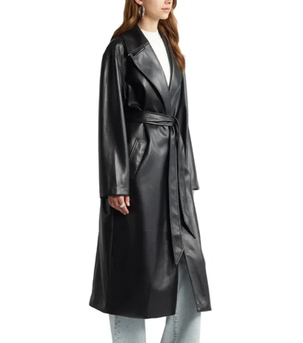 Black Belted Leather Long Coat For Women Side Look