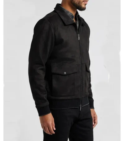 Black Bomber Suede Leather Jacket Side Look