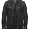 Black Cafe Racer Leather Jacket Quilted Shoulders