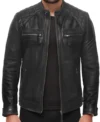 Black Cafe Racer Leather Jacket Quilted Shoulders