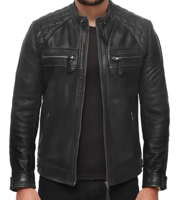 Black Cafe Racer Leather Jacket Quilted Shoulders