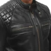 Black Cafe Racer Leather Jacket Quilted Shoulders Closer
