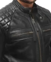 Black Cafe Racer Leather Jacket Quilted Shoulders Closer