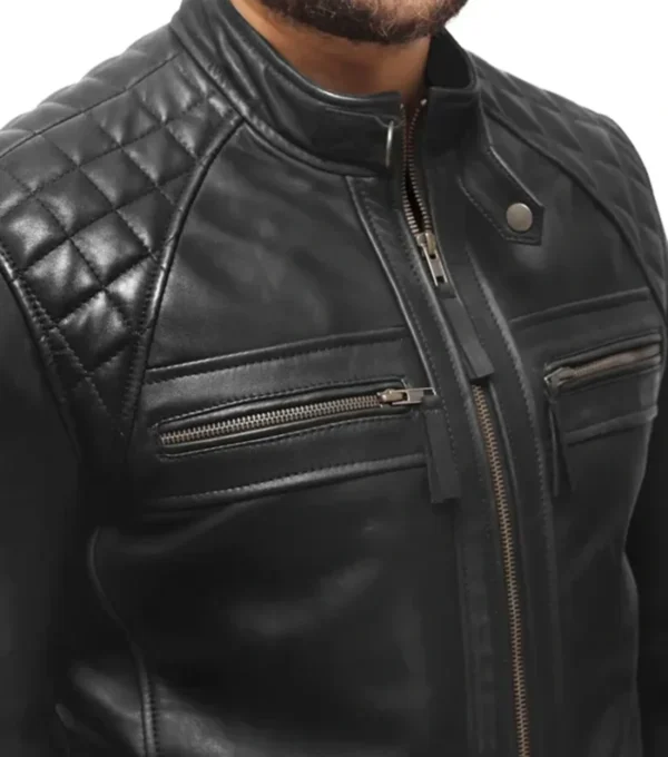 Black Cafe Racer Leather Jacket Quilted Shoulders Closer