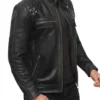 Black Cafe Racer Leather Jacket Quilted Shoulders Side Look