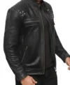 Black Cafe Racer Leather Jacket Quilted Shoulders Side Look